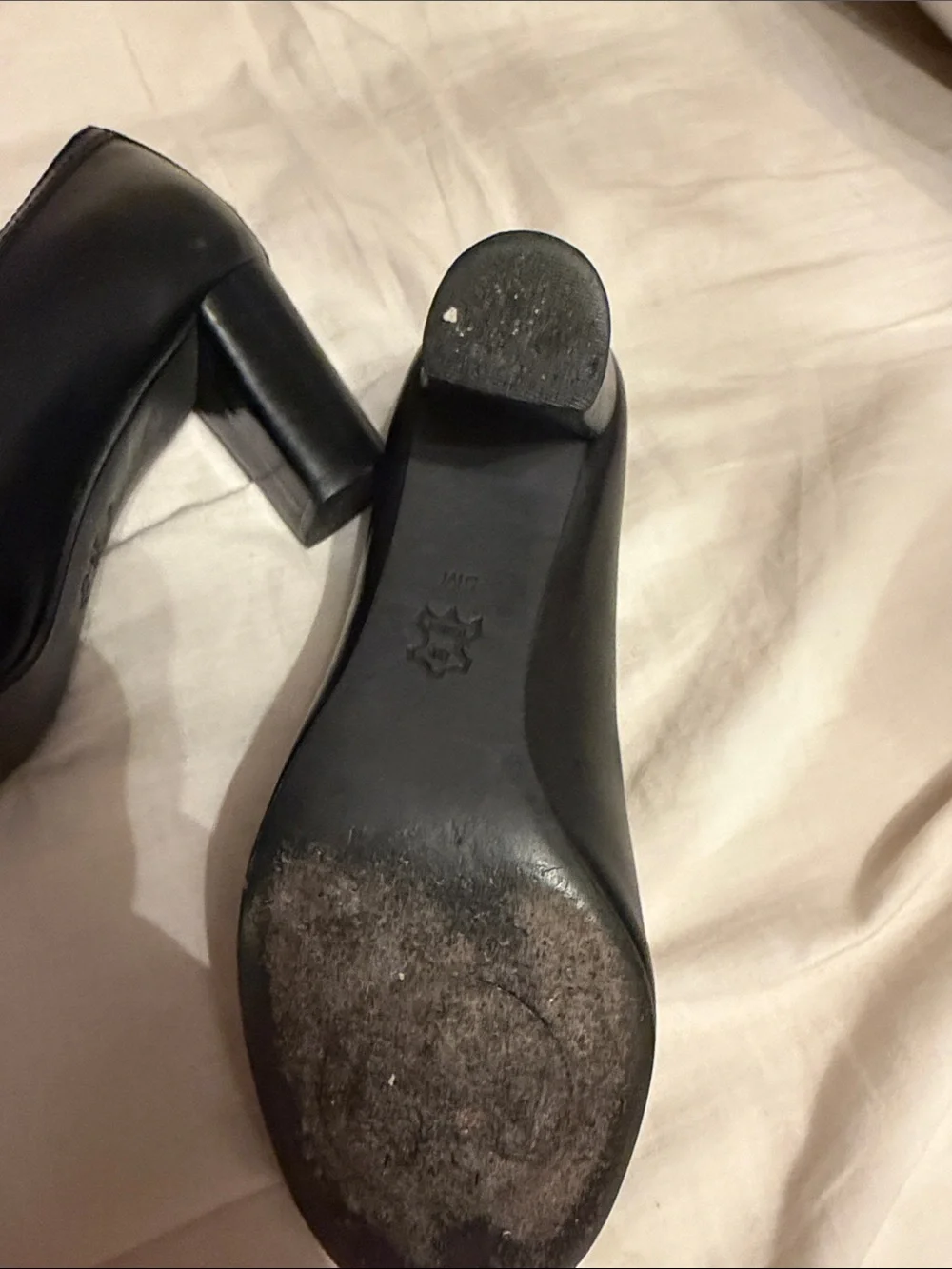 Tory Burch Black Leather chunky heels with Gold Logo Medallion
